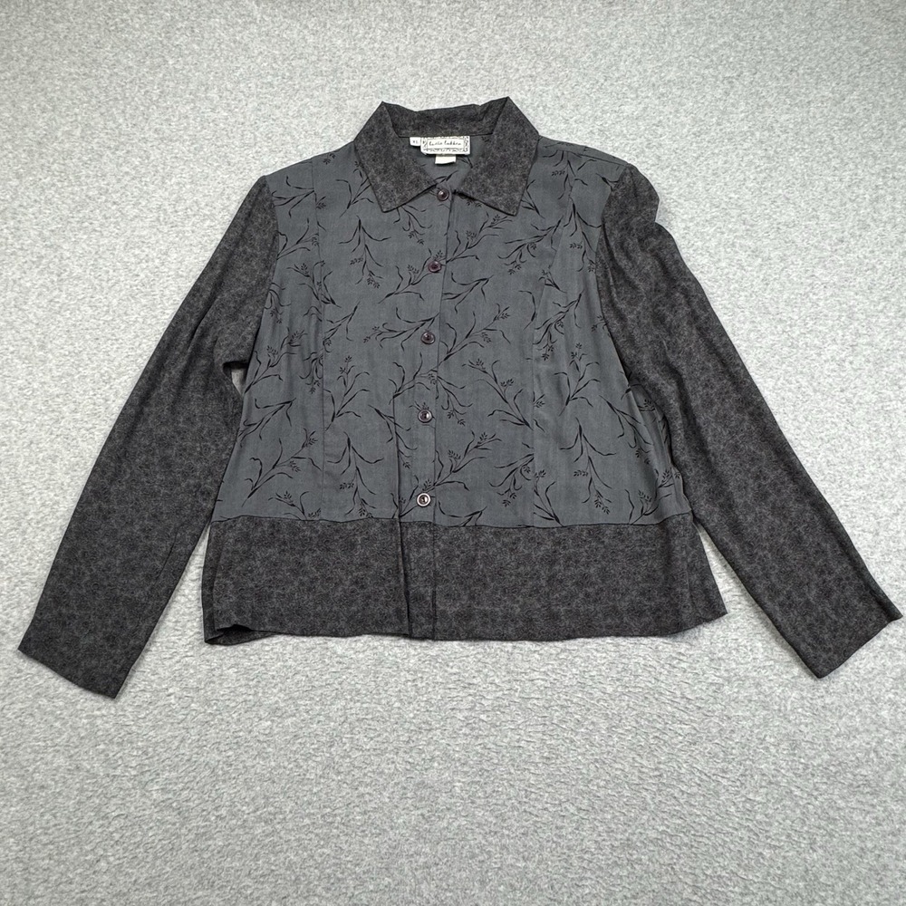Vintage Lucia Lukken Button‎ Up Shirt Womens XL 100% Rayon Floral Black Gray USA
